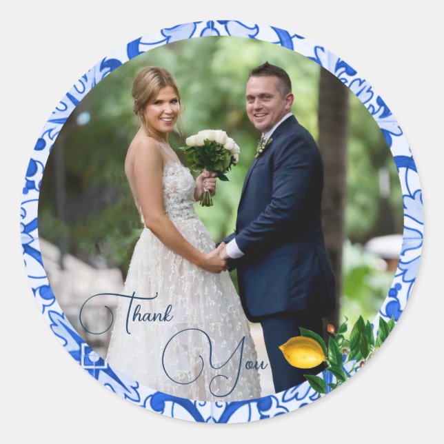 Adesivo Redondo Azulejo Azul Lemon Foto de Casamento Obrigado (Frente)