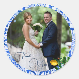 Adesivo Redondo Azulejo Azul Lemon Foto de Casamento Obrigado