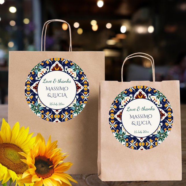 Adesivo Redondo Azulejo, azul-mediterrânico (Azulejo blue Portuguese talavera  tiles Mediterranean wedding thank you favor Sticker)