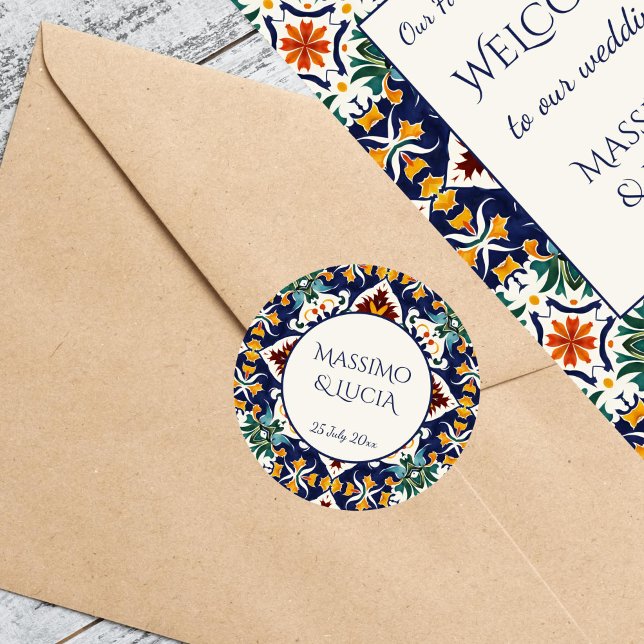 Adesivo Redondo Azulejo, casamento azul no Mediterrâneo (Azulejo blue Portuguese Morocco Turkish tiles Mediterranean wedding bride and groom names Sticker)