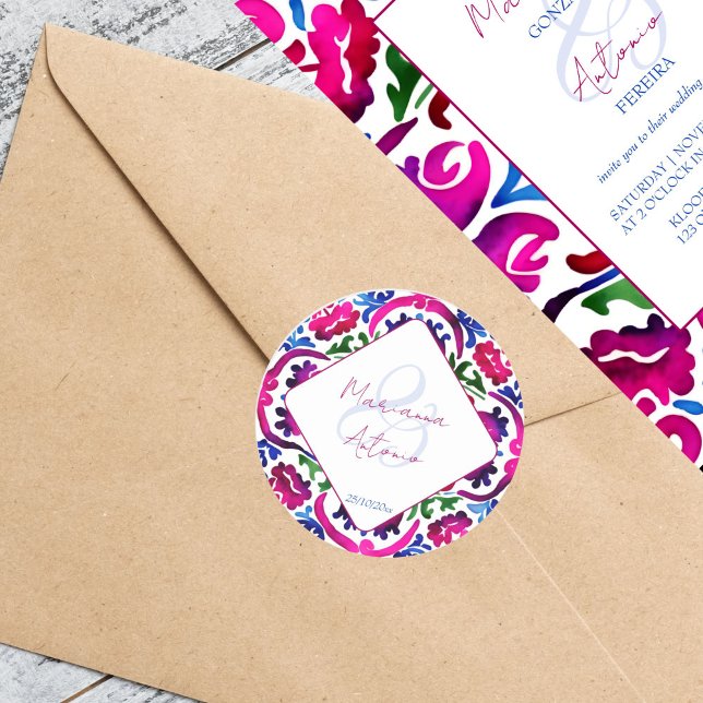 Adesivo Redondo Azulejo de casamento de Talavera mexicana azul ros (Pink blue Mexican Talavera tiles wedding template Stickers bride and groom names stickers)