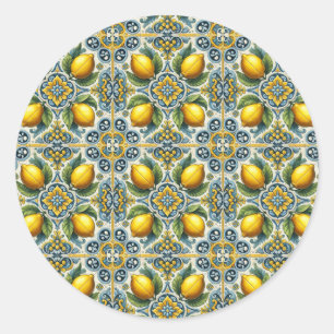 Adesivo Redondo Azulejo De Casamento Limão Capri Azul Amarelo Medi