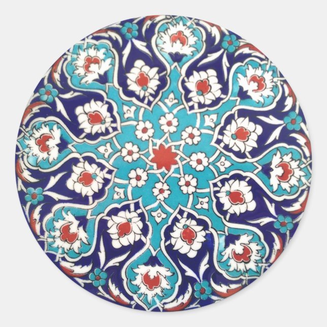 Adesivo Redondo Azulejo de Mesquita Floral Antiquada Turquesa (Frente)