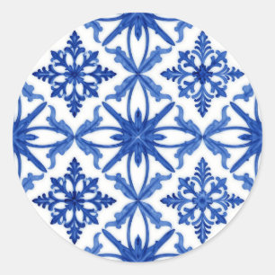 Adesivo Redondo Azulejo de Telha Floral Azul Branco