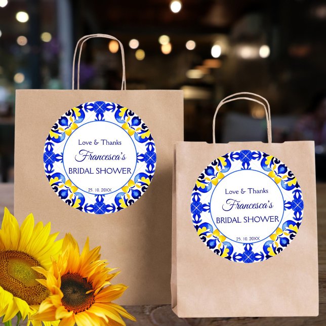 Adesivo Redondo Azulejo Talavera azulejos azuis presente para chá  (Talavera azulejo blue yellow tiles bridal shower thank you favor sticker bridal shower favors)
