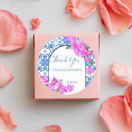 Adesivo Redondo Azulejos Azuis e Bougainvillea elegante obrigado