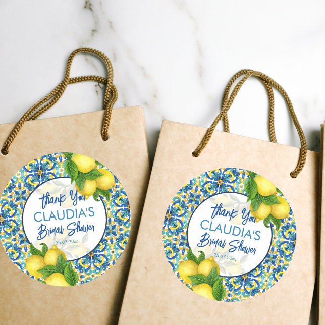Adesivo Redondo Azulejos azuis limão Amalfi Positano chá de noiva (Blue tiles lemon Amalfi Positano bridal shower favor Sticker thank you gift stickers)