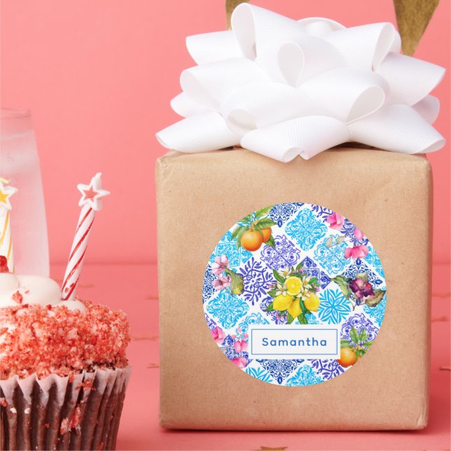 Adesivo Redondo Azulejos de azulejo do Mediterrâneo, de citrinos s (Festa)