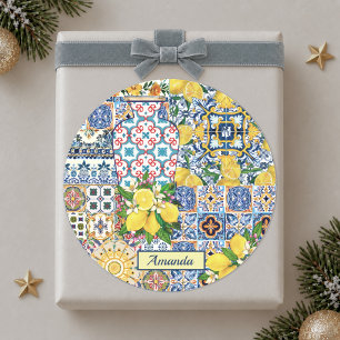 Adesivo Redondo Azulejos de laranja do Mediterrâneo Chic Vase