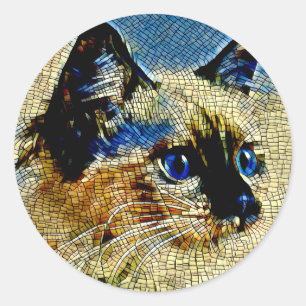 Adesivo Redondo Azulejos de mosaico de gato com olhos azuis