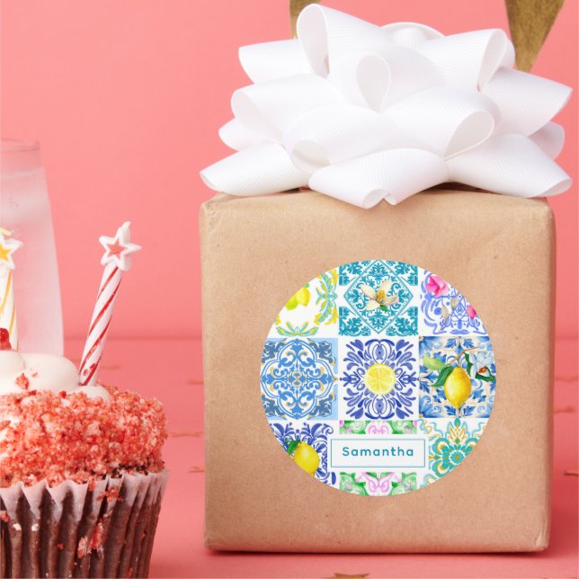 Adesivo Redondo Azulejos do Mediterrâneo Chic Sicilian azulejo Ama (Festa)