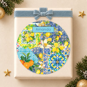 Adesivo Redondo Azulejos florais cítricos sicilianos turquesa azul