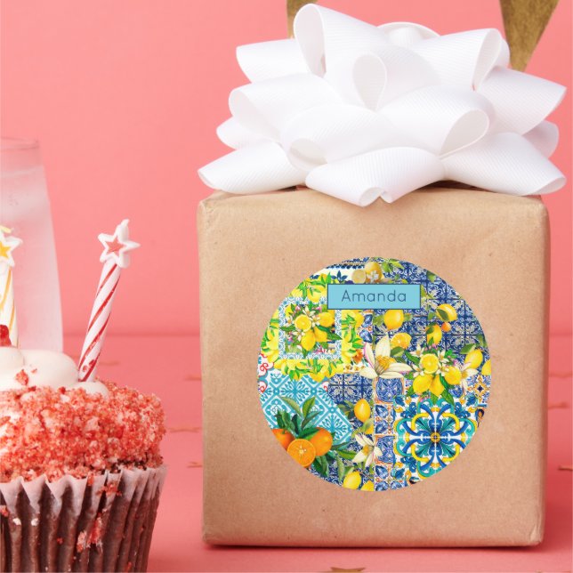 Adesivo Redondo Azulejos florais de citrinos de cor azul-chic (Festa)