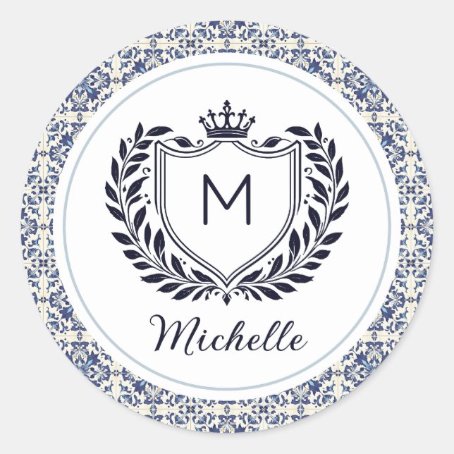 Adesivo Redondo Azulejos Modernos Monograma Telhas Azul (Frente)