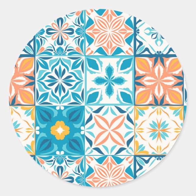 Adesivo Redondo azulejos ornamentados em azul e laranja (Frente)