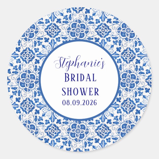 Adesivo Redondo Azulejos Portugueses Azuis Festa de Noivado Medite (Frente)