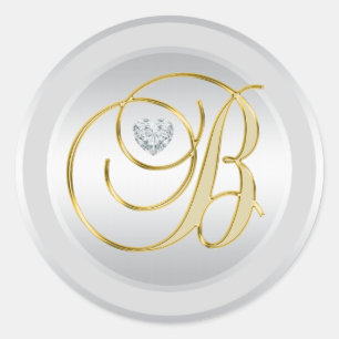 Adesivo Redondo 'B inicial Monogrammed Dourado de prata elegante