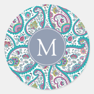 Adesivo Redondo B Vinheta de Monograma de Padrões Pérsios Boteh
