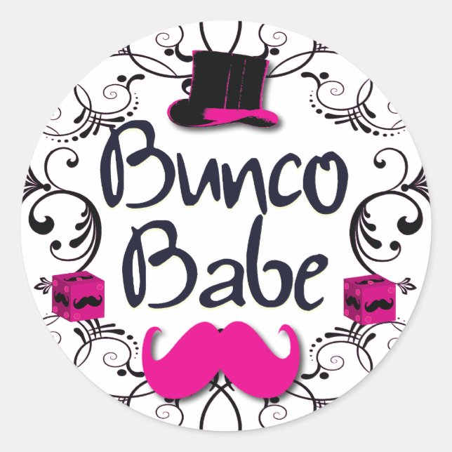 Adesivo Redondo Babe Bunco com Chapéu Superior Rosa e bigode Rosa (Frente)