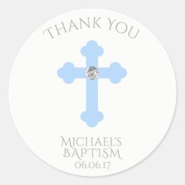 Adesivo Redondo Baby Blue Cross Baptism/Christening Boy Obrigado