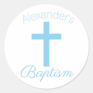 Adesivo Redondo Baby Blue Cross com nome personalizado Baptism