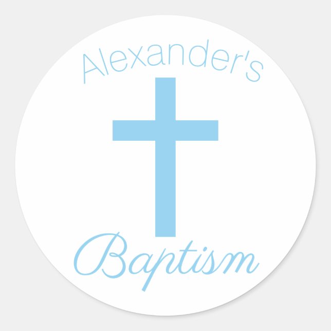 Adesivo Redondo Baby Blue Cross com nome personalizado Baptism (Frente)