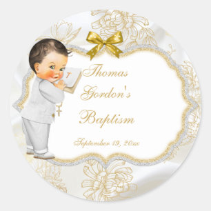 Adesivo Redondo Baby Boy Baptism Christening Dourado Cross
