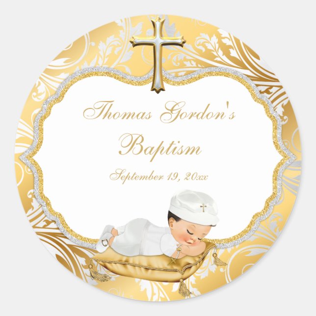 Adesivo Redondo Baby Boy Baptism Dourado Cross (Frente)