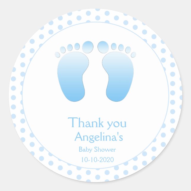 Adesivo Redondo Baby Boy Blue Bolinhas Obrigado Chá de fraldas (Frente)