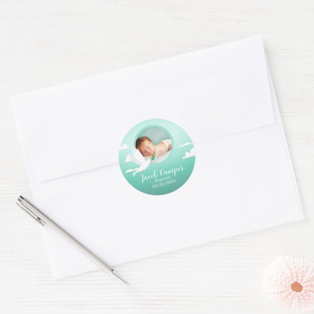 Adesivo Redondo Baby Boy Dove Baptism Announcement Blue Teal (Envelope)