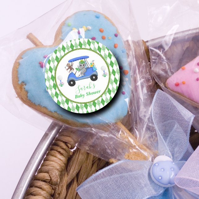 Adesivo Redondo Baby Boy Elephant & Monkey Golf Chá de fraldas Ret (Criador carregado)