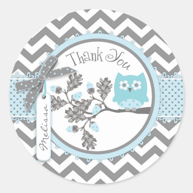 Adesivo Redondo Baby Boy Owl Chevron Impressão Obrigado Rótulo (Frente)