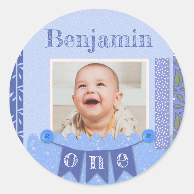 Adesivo Redondo Baby Boy primeiro aniversario Blue Scrapbook (Frente)