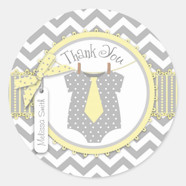Adesivo Redondo Baby Boy Tie Chevron Impressão Obrigado Rótulo (Frente)