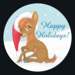 Adesivo Redondo Baby Christmas Reindeer<br><div class="desc">Uma adorável rena bebê senta-se na neve vestindo um chapéu de Santa! O texto diz: "Felizes Feriados!" Personalize-o clicando em "Personalizar!" Botão.</div>