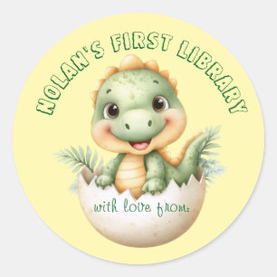 Adesivo Redondo Baby Dinosaur "First Library" Sticker para chá