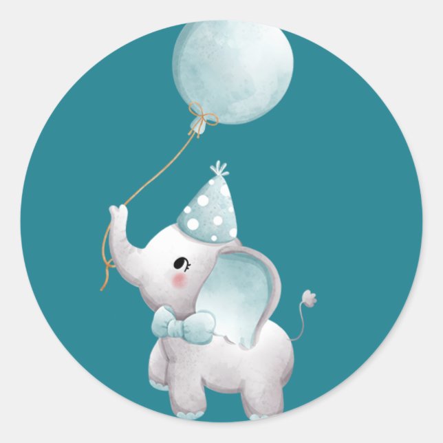 Adesivo Redondo Baby Elephant Aniversário Favor Sticker Blue Boy (Frente)
