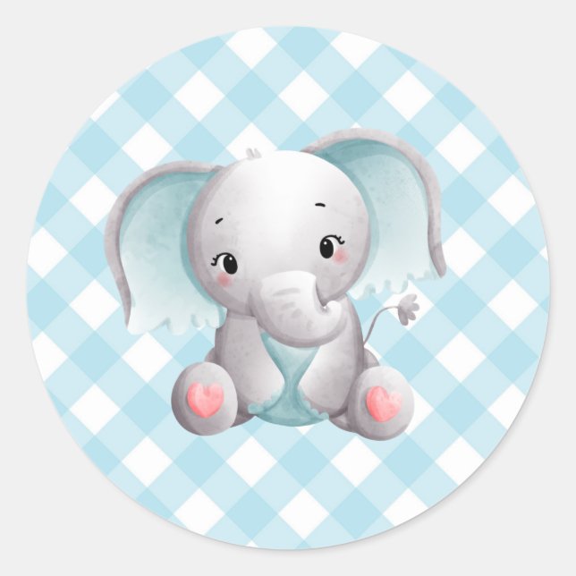 Adesivo Redondo Baby Elephant Boy Sticker Blue Xadrez Gingham (Frente)