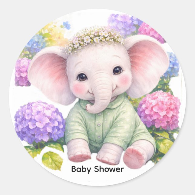 Adesivo Redondo Baby Elephant with Hydrangeas Baby Shower  (Frente)