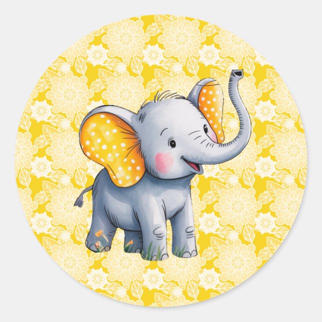 Adesivo Redondo Baby Elephant Yellow Polka Dot Ears Baby Shower (Frente)