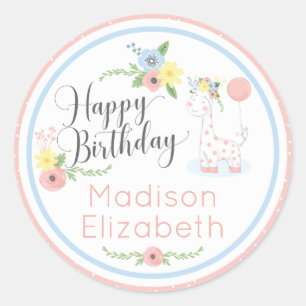 Adesivo Redondo Baby Giraffe Pink Floral Happy primeiro aniversari