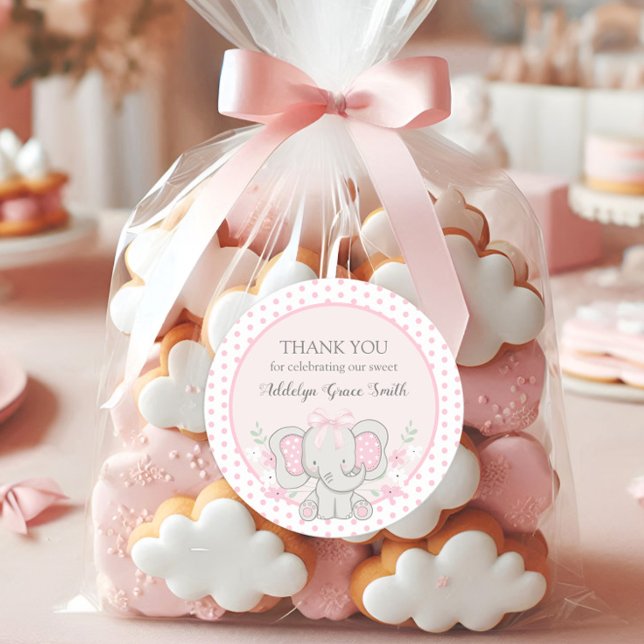 Adesivo Redondo Baby Girl Elephant Pink Bolinhas Sip Veja Chá (Cute pink elephant baby girl shower thank you stickers)
