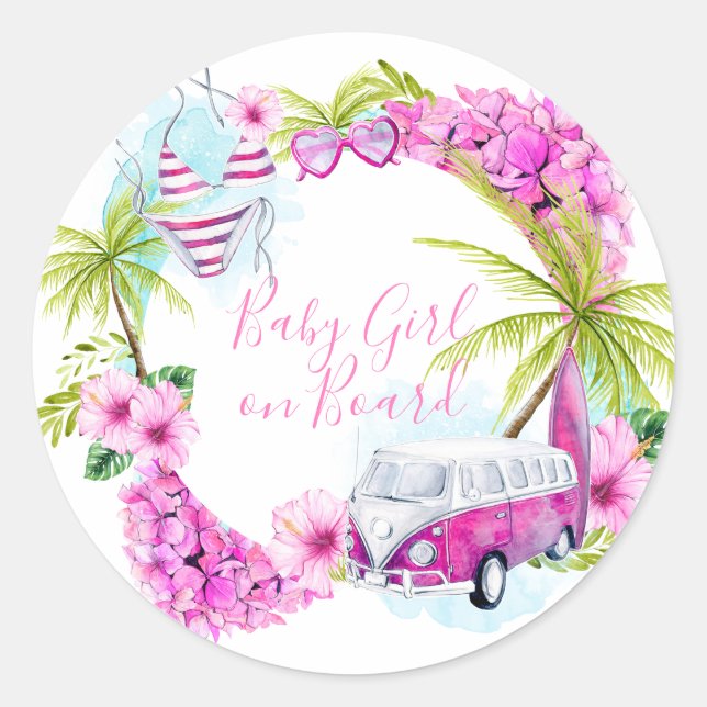 Adesivo Redondo Baby Girl Surf Tropical Beach Stickers (Frente)