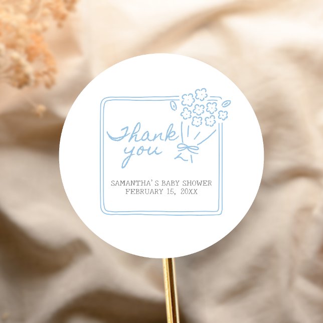 Adesivo Redondo Baby In Bloom Baby Shower (Blue Hand Drawn Baby in Bloom Baby Shower Sticker)