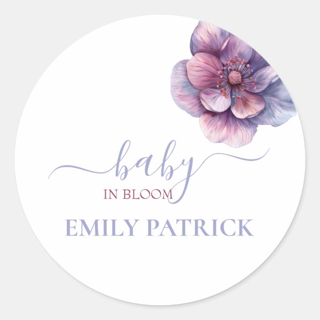 Adesivo Redondo Baby in bloom | baby shower floral (Frente)