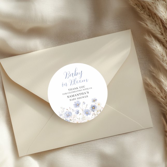 Adesivo Redondo Baby In Bloom Blue Wildflower Boy Baby Shower (Criador carregado)