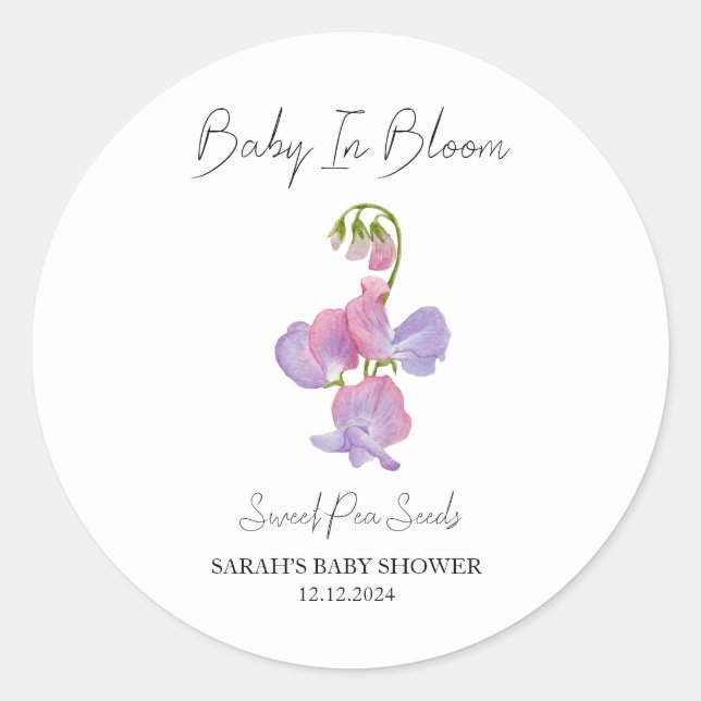 Adesivo Redondo Baby In Bloom l Sweet Pea Seeds Chá de fraldas (Frente)
