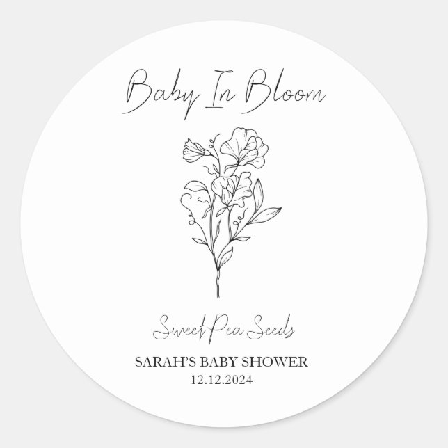 Adesivo Redondo Baby In Bloom l Sweet Pea Seeds Chá de fraldas (Frente)