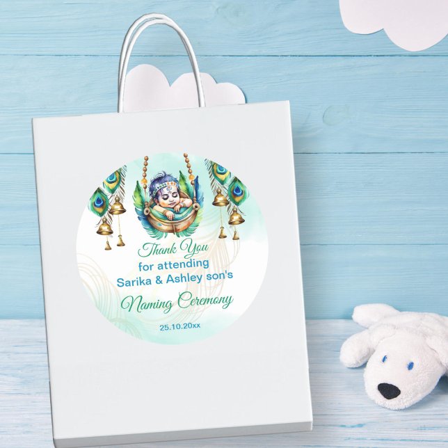 Adesivo Redondo Baby Krishna nomeando Namkaran Cradle Ceremonia (Baby Krishna baby naming cradle namkarana ceremony favor gift thank you stickers cute peacock cradle)