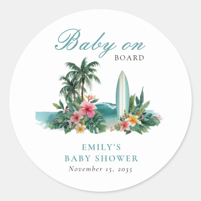 Adesivo Redondo Baby On Board Surf Beach Baby Shower (Frente)